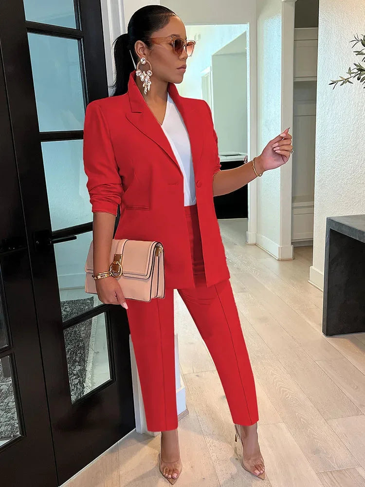 Elegant Work Wear Two Piece Set for Women Single Button Blazer Coat and Pants Office Lady Business Suit Matching Sets Uniform