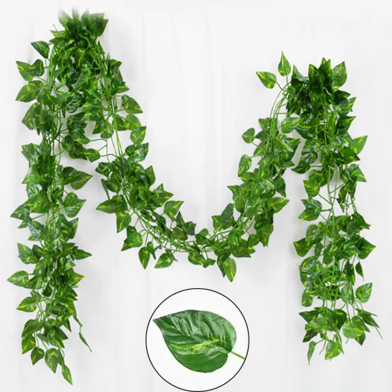 10M-105M 50 Strings Artificial Vine Leaf Decoration Vine Plants Hanging Outdoor DIY Fake Green Ivy Leaf Garland Rattan Wedding Garden Creeper Grapes Watermelon Begonia Sweet Potatoes Leaves