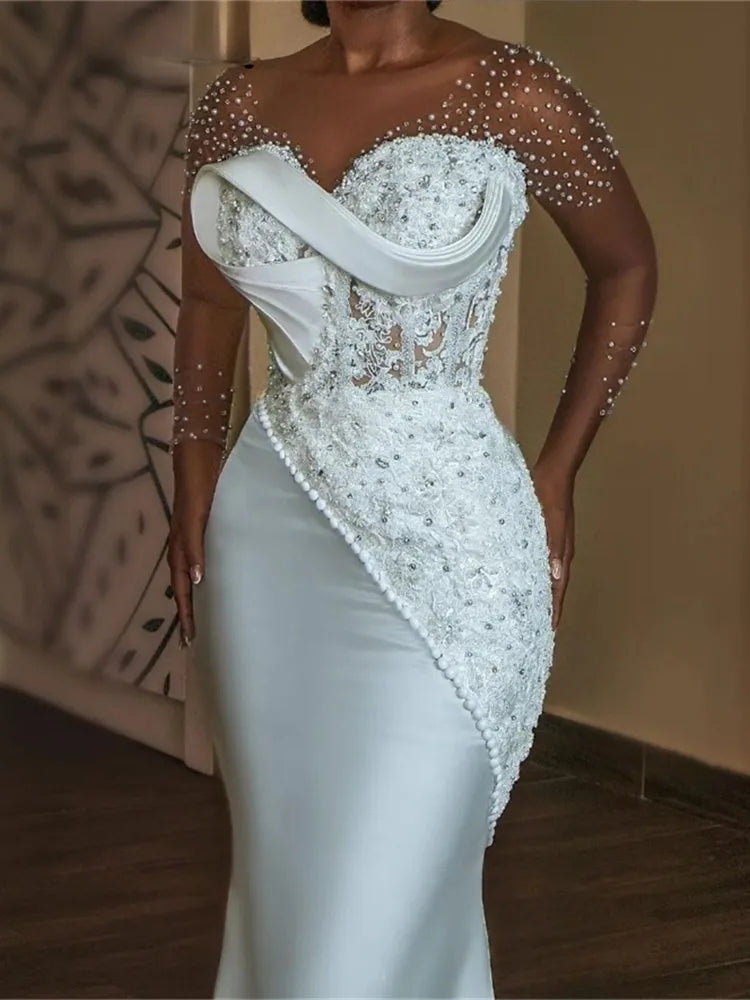 Low-Price Sales are Limited NEW White/Champagne (US SIZE) Women Luxury Pearls Beaded Mermaid African Wedding Dress Sheer O-Neck Long Sleeves Engagement Gowns Girls Ladies Luxury Fashion Clothing Supplies