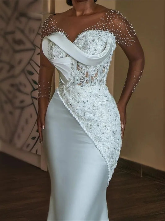 Low-Price Sales are Limited NEW White/Champagne (US SIZE) Women Luxury Pearls Beaded Mermaid African Wedding Dress Sheer O-Neck Long Sleeves Engagement Gowns Girls Ladies Luxury Fashion Clothing Supplies