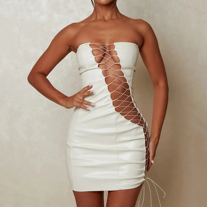 White and Black Color Women's Sexy PU Leather Cross Strap Hollow Out Slim Bodycon Dress Women Sleeveless Off Shoulder Mini Dress Evening Midnight Club Party Clothes