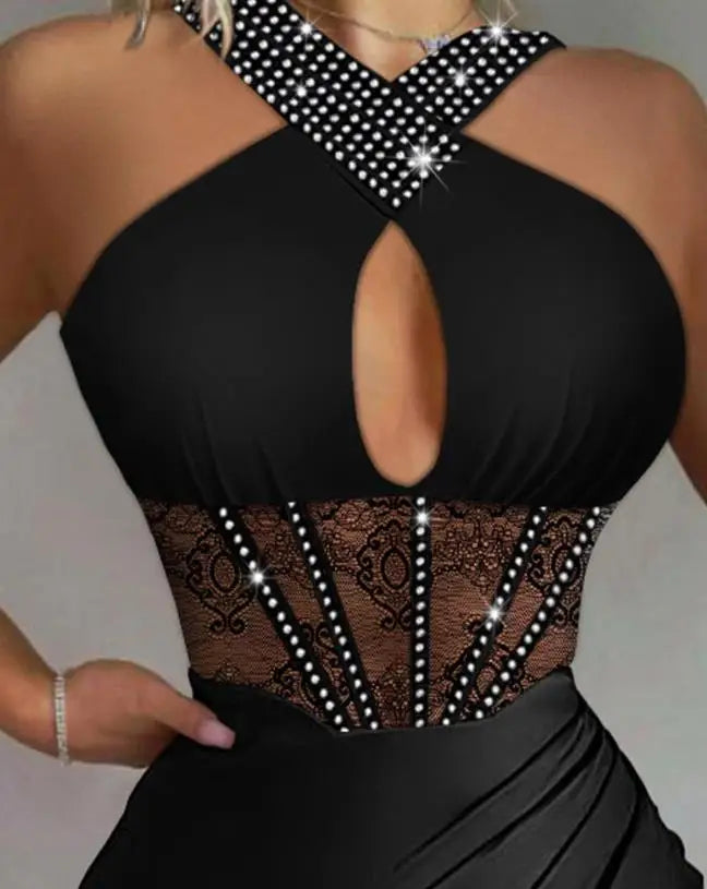 Low-Price Sales are Limited NEW Luxury Sexy Women Night Out Evening Wedding Birthday Party Dresses Rhinestones High Slit Contrast Lace Sleeveless Halter Slim Opera Business Dinner Dress Ladies Luxury Fashion Apparel Supplies
