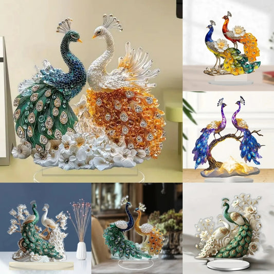 20x20cm 8 Types Luxurious Golden Peacock & Green Peacock Statue,2D Flat Acrylic Figurine, Home, Office, Cafe, Room, Studio, Table Ornament Desktop Decor Kit