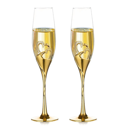 2 PCS Set Rose Gold/Silvery/Golden Color 200ml Champagne Red Wine Glasses Crystal High Footed Glasses Sparkling Heart-Shaped Flutes Wedding Gifts Home Restaurants Hotels Barware Accessories