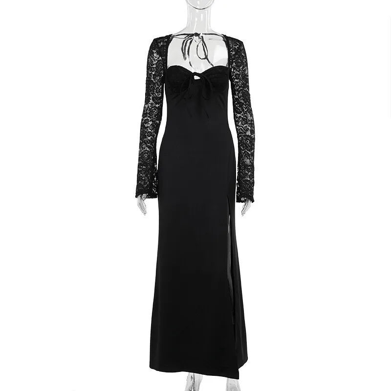 NEW Arrivals UK Size Black/White Color Lace Long Sleeve Sexy Maxi Dress Women Autumn New Square Collar Backless Lace-Up High Split Sexy Evening Beach Night Club Party Long Dress