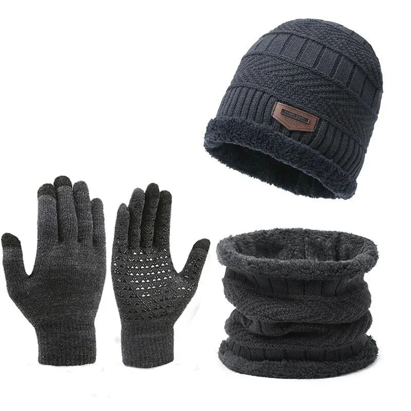 3 PCS Set Men's Windproof Cashmere Hat, Outdoor Running Hiking Travel Winter Scarf, Touch Screen Gloves, Neckline, One Plus Cashmere Insulated knit Hat Winter Sports Apparel Accessories Sets