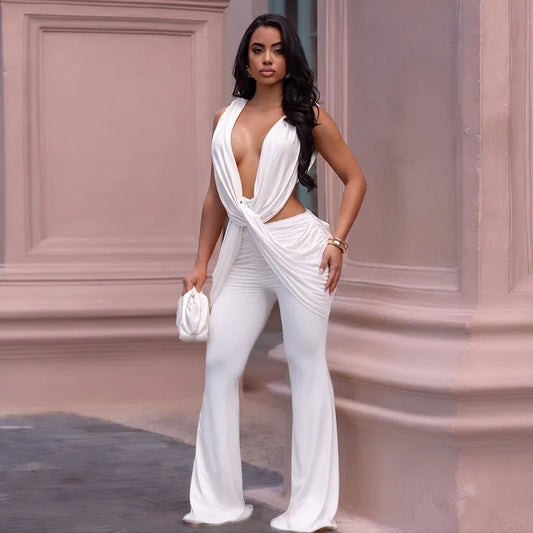 3 Colors Sexy Draped Low Neck Sleeveless Bodycon Jumpsuit Women Hipster Deep V-Neck Backless Ruched Skinny Flare Pants Rompers Evening Party Clubwear Outfits