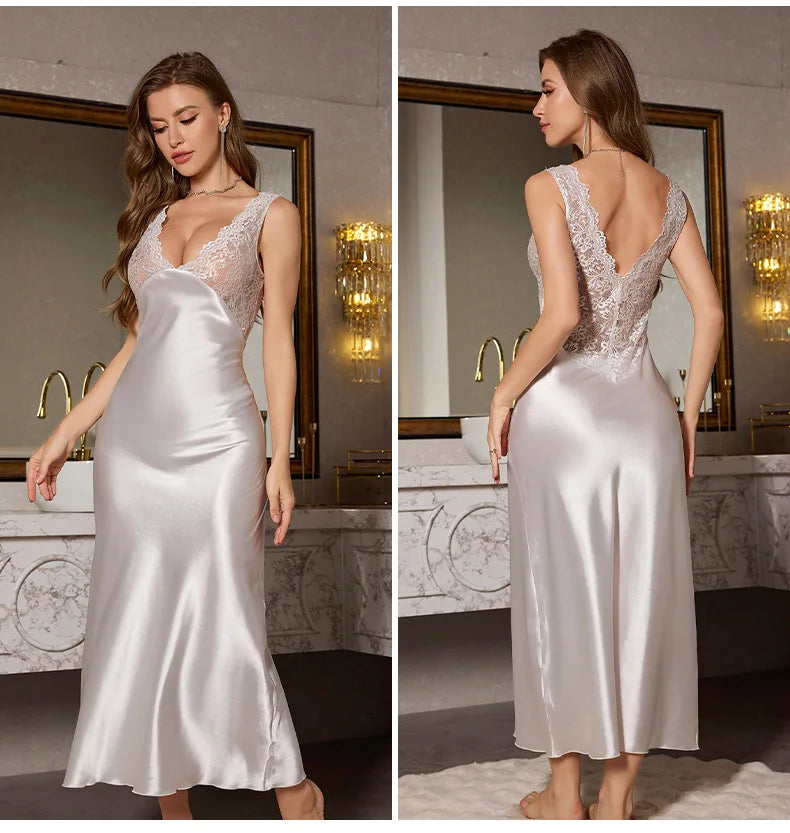 NEW S-XL 3 Colors Super Fashionable Satin Nightwear Dresses for Ladies Sexy Long Style Lace Edge Strap Slimming Elegant Long Sleeping Dress