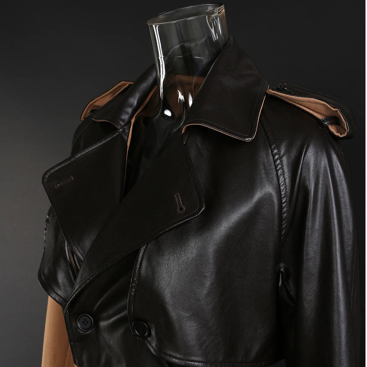 Spliced leather trench coat women's mid-length temperament over the knee strap waist khaki color matching temperament