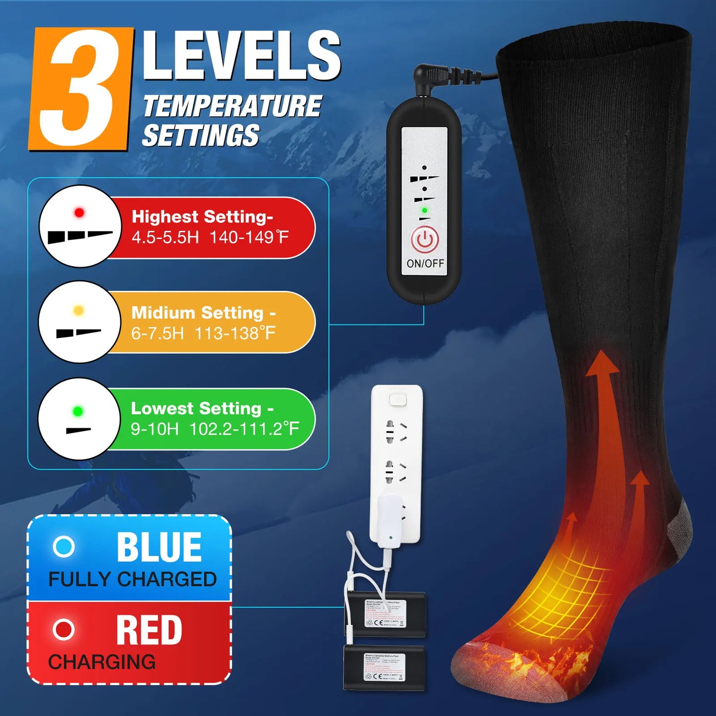 Winter Electric Heated Socks Rechargeable Heating Socks for USB 5000mah Heated Socks Warmth Outdoor Ski Snowboard Climbing Mountaineering Heated Thermal Socks Winter Sports Apparel Accessories