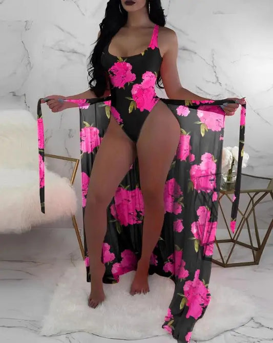 NEW Arrivals 2PCS Set Women Sexy U-Neck Floral  Swimsuit with Cover Up New Fashion Summer Beach Vacation Casual Clothes