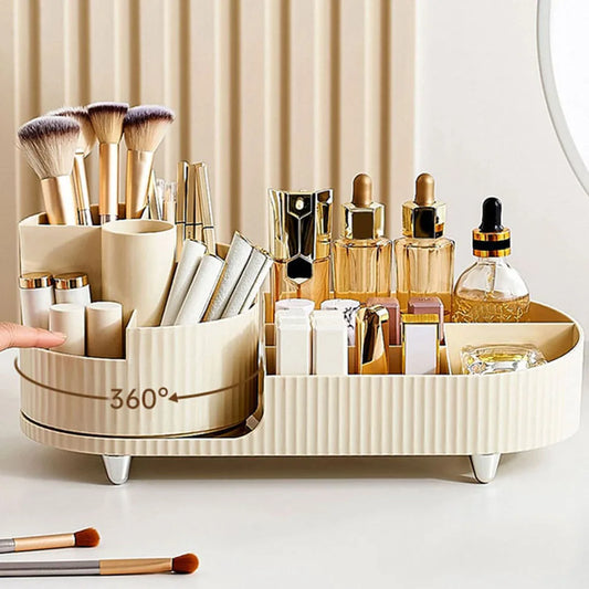 360* Rotating Makeup Organizer with Rotating Base and Divided Compartments for Lipsticks and Skincare Products