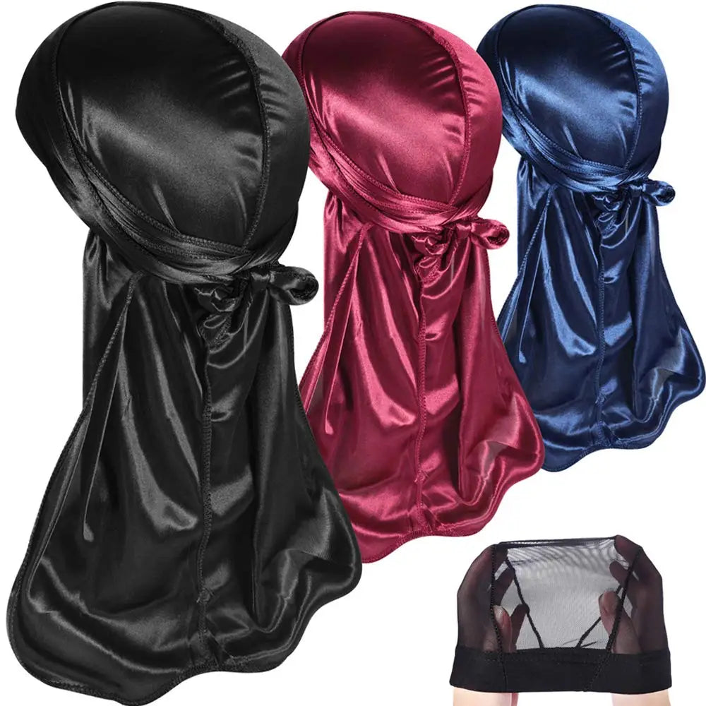 3 PCS Ice Silk Set Women Men Silky Durag Headwraps Durag With Free Waves Cap Durags Pack with Long Tail and Wide Straps Bandanas