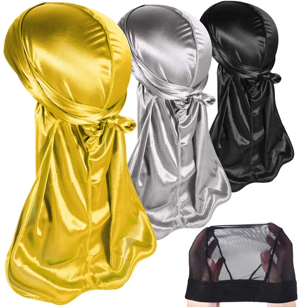 3 PCS Ice Silk Set Women Men Silky Durag Headwraps Durag With Free Waves Cap Durags Pack with Long Tail and Wide Straps Bandanas