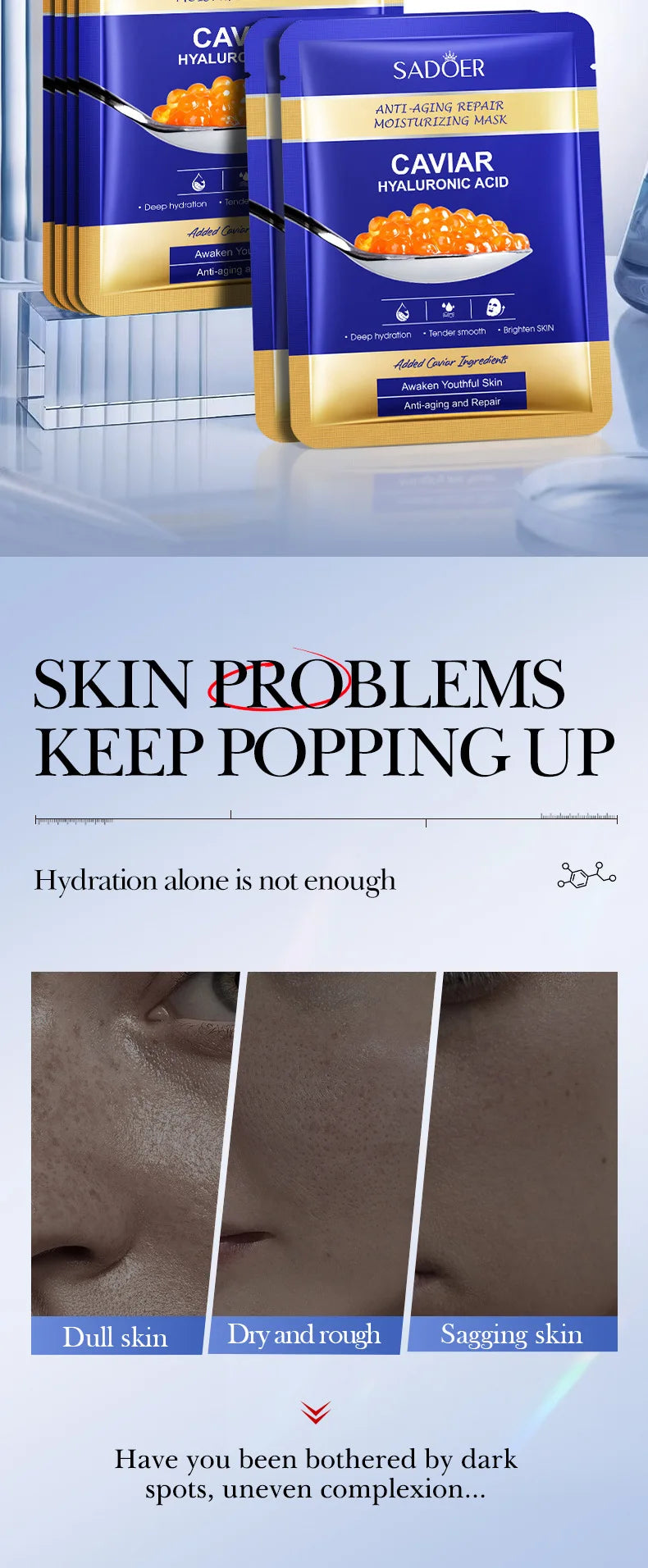 5 PCS Set  Caviar Hyaluronic Acid Moisturizing Facial Masks Brightening Firming Hydrating Face Mask Facial Skin Care Products