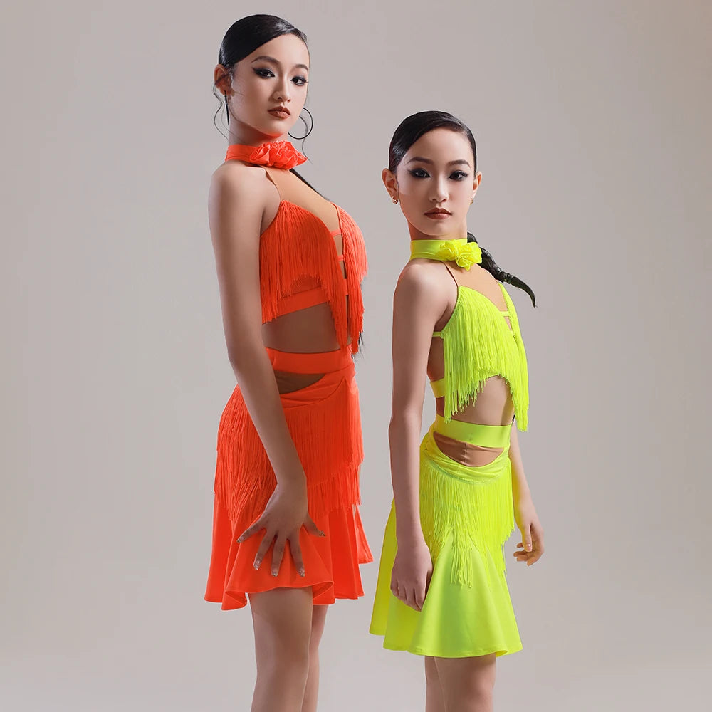 3XS-L Children Girls Professional Luxury Latin Dance Dress Female Professional Training Dress Net Gauze Girl Ballroom Competition Dancing irregular Fringe Dresses