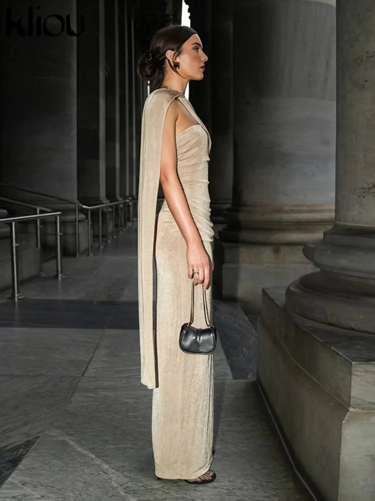 NEW Arrivals Luxury Slash Neck Ribbons Women Girls Dress Hipster Elegant Incline Shoulder Pleated Sleeveless Slim Long Robe High Street Frock Evening Wedding Birthday Party Business Dinner Night Clubwear Female Ladies Luxury
