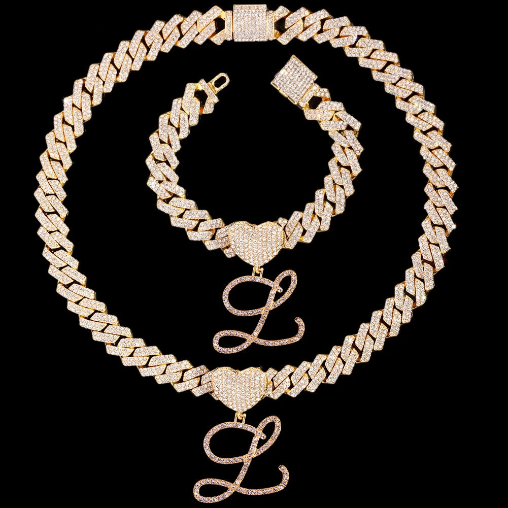 2 PCS Set New Fashion A-Z Initial Cursive Letter Luxury Rhinestones Pendant Cuban Necklace for Women Iced Out Cuban Link Chain Necklace Set Jewelry