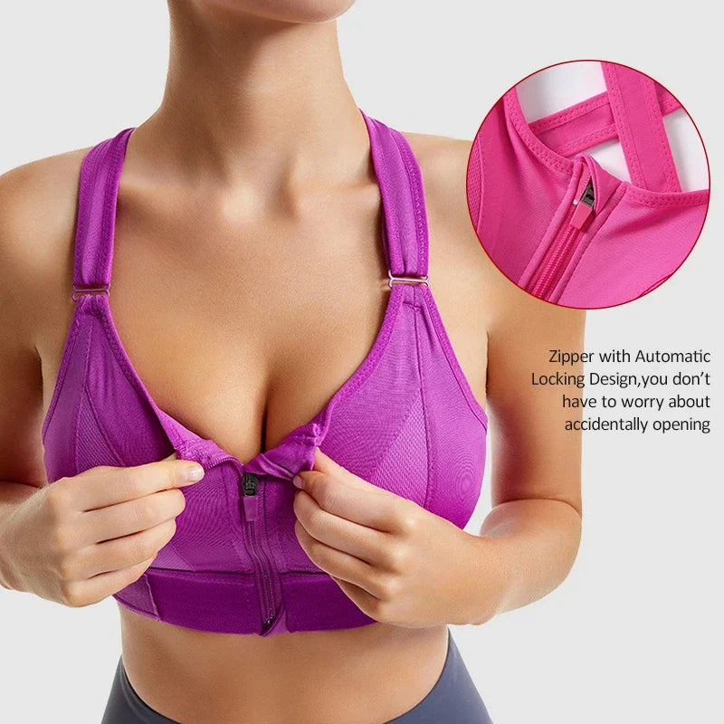 Sexy Zip Front Closure Strappy Cross Yoga Bra Women's Padded Shockproof Gathered Seamless Wireless Sport Gym Bras