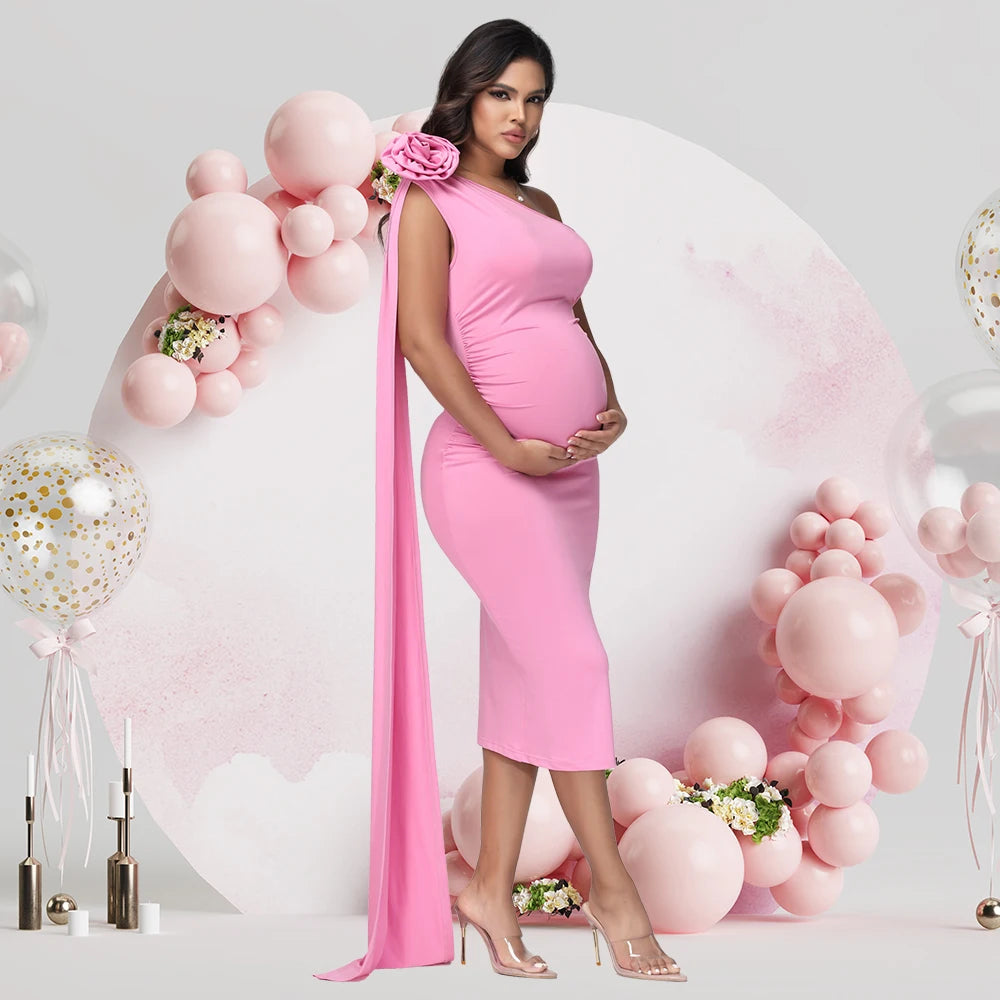 NEW S-XL Maternity Pink One Shoulder 3D Floral Floating Sleeve Bodycon Summer Midi Dress for Baby Shower Photoshoot Evening Party Formal Dress