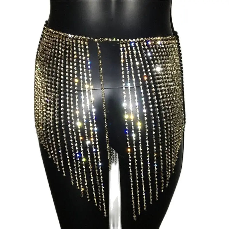 Golden/Silver Color Super Sexy Sparkly Rhinestone Tassel Chain Skirt New Arrival Sexy Shine Hollow Out Handmade Nightclub Beach Mini Skirt