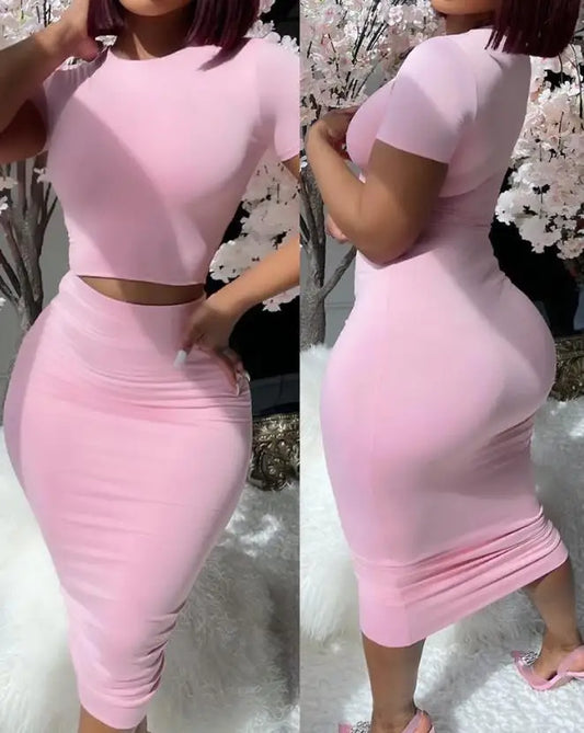 Women 2PCS Sets Elegant Sexy Evening Beach Party Night Club Outfit Short Sleeve Top & High Waist Skirt Set New Fashion Summer Casual Female Suit Ladies Girls Fashion Clothing Supplies