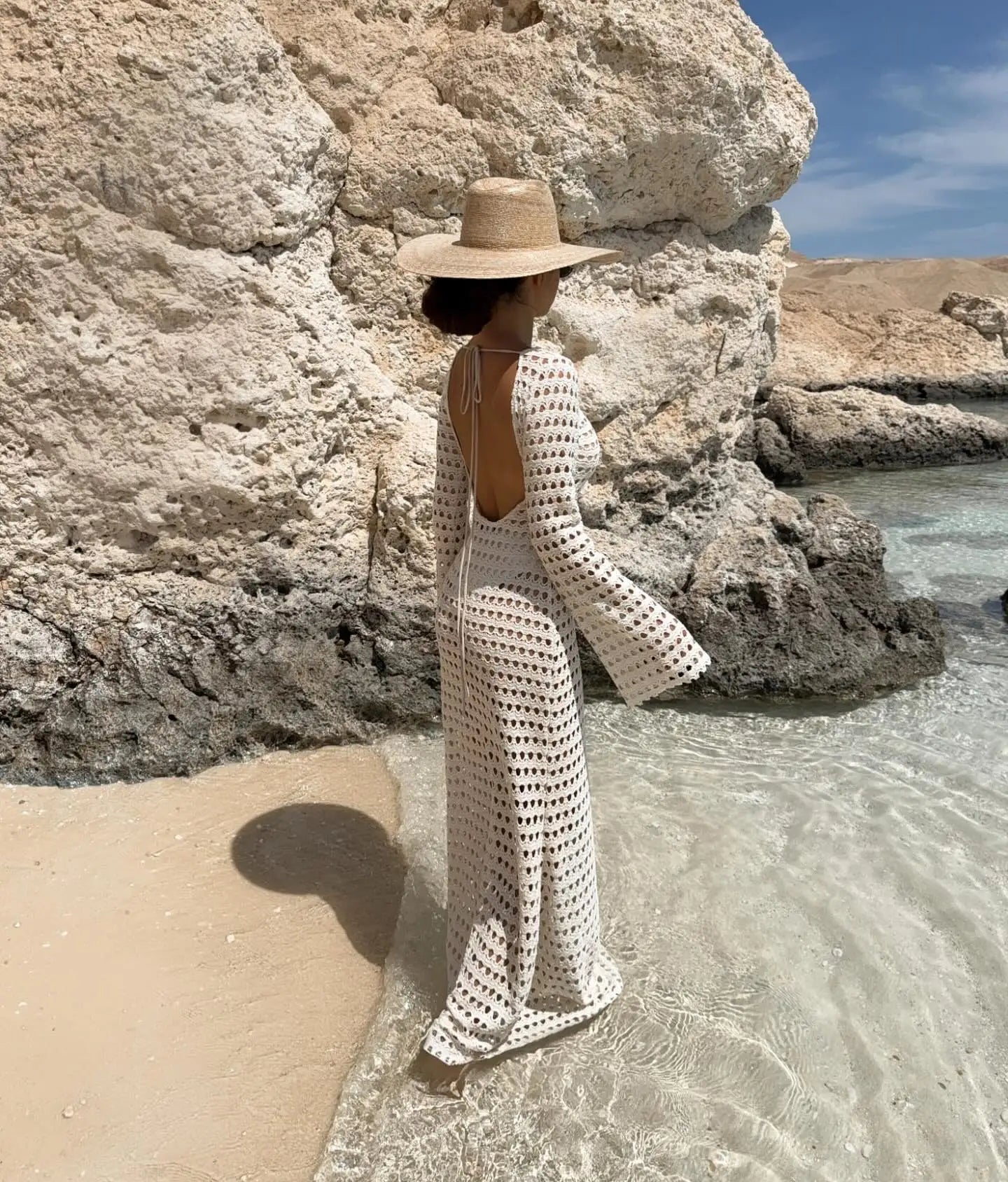 NEW Sexy Handmade Beige Knit Mesh Backless Long Bell Sleeve Beach Maxi Dress Women's Summer Slim Outfits Vacation Swimsuit Cover Up Tunic K205