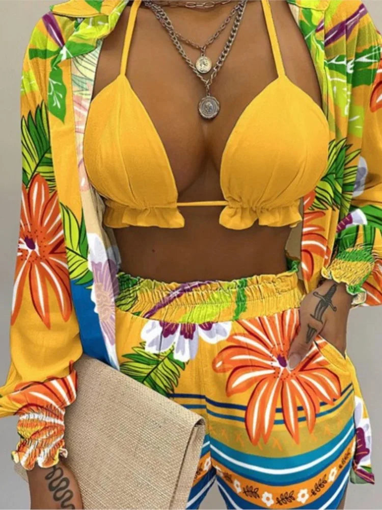 New Women's Sexy Fashion Set Spring/summer Solid Color Print 3-piece Set Beach Casual Coat Shorts Women's 3-piece Set