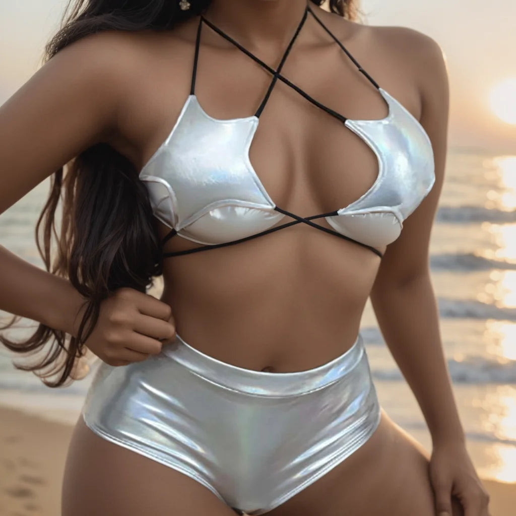 Bikini New Bikini two-piece swimsuit Stars sequin silver halter strap Bikini