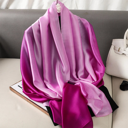 Luxury Gradient Silk Scarf Women Brand Solid Femme Shawls Wraps Bandana Head Foulard Fashion Lady Hijab Wedding Poncho