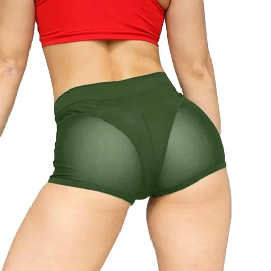 Women Sexy Hot High Waist Workout Fitness Gym Yoga Shorts Female Cheer Booty Dance Shorts See-Through Mesh Patchwork Pole Dancing Clubwear Shorts