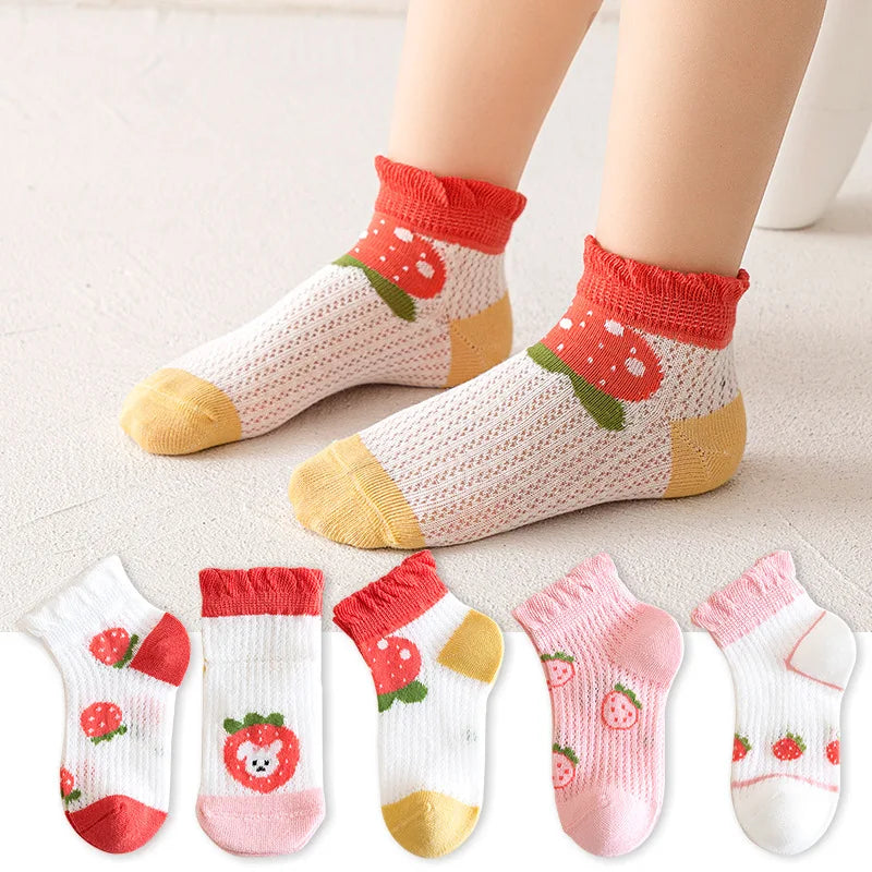 5 Pairs Set 0-12Y Summer Cotton Newborn Kids Socks Cute Cartoon Thin Mesh Baby Short Socks Dinosaur Bear Children Socks for Boys Girls Apparel Accessories