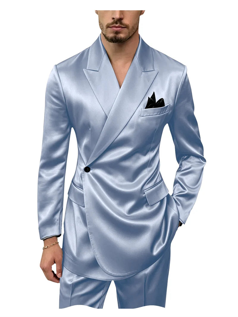 8 Colors 2 PCS Set S-7XL Extra Plus Size Men's Luxury Satin Suit Asymmetrical Wrap Peak Lapel Silk Suit One Button Slim Fit Blazer Pants Wedding Celebrity Red Carpet Business Formal Evening Luxury Outfit