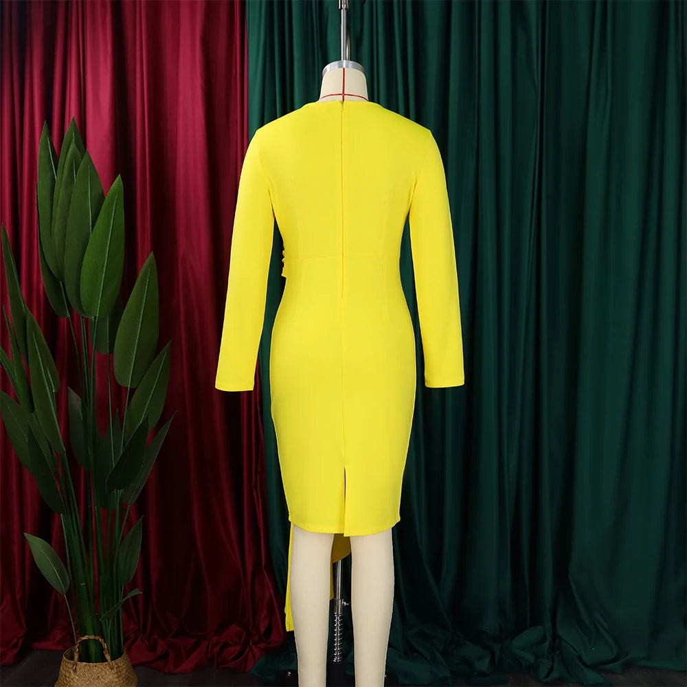 Plus Size Elegant  Dress Woman O Neck Full Sleeve Big Swing Sheath Mid Calf Fashion Female Birthday Party Dinner Dress