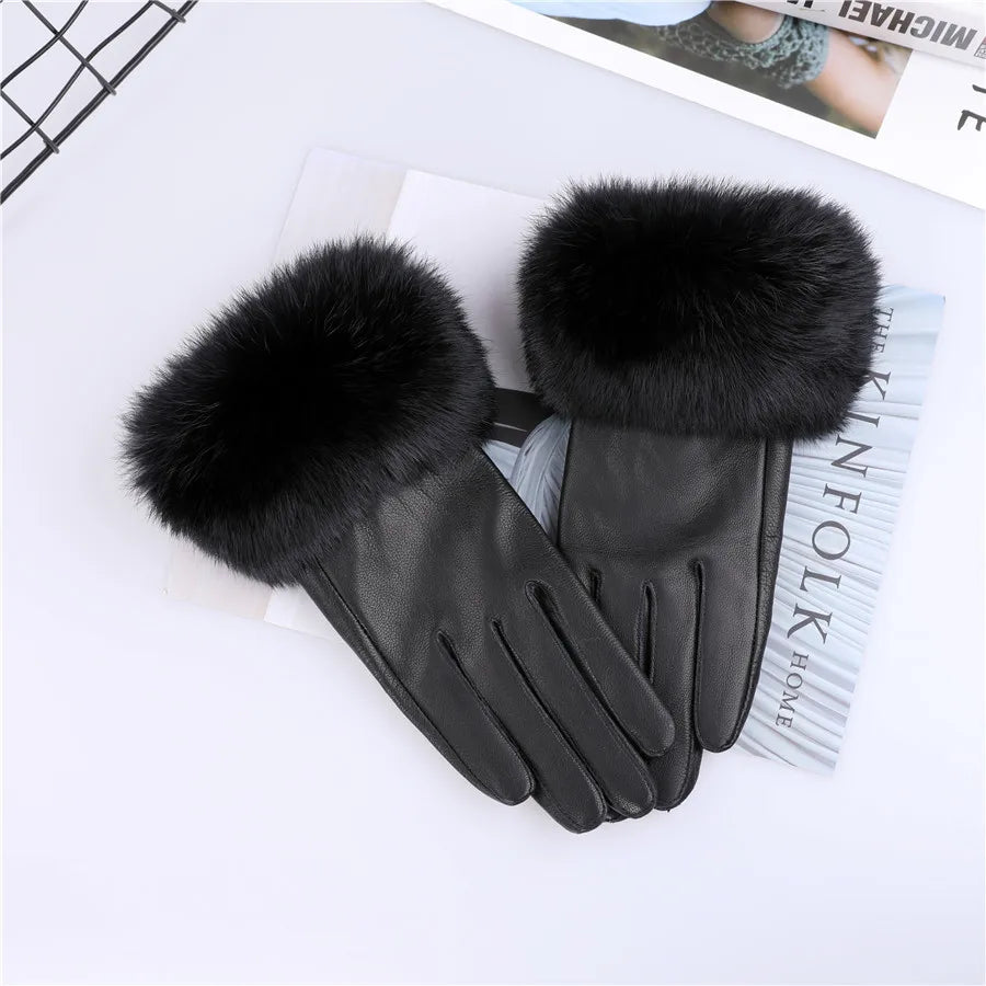 New Arrivals Women's Luxury Real Sheepskin Leather Gloves With Real Natural Rabbit Fur Cuffs Female Formal Evening Party Business Dinner Warm Gloves Fleece Lining Touch Screen Gloves Ladies Luxury Fashion Apparel Accessories