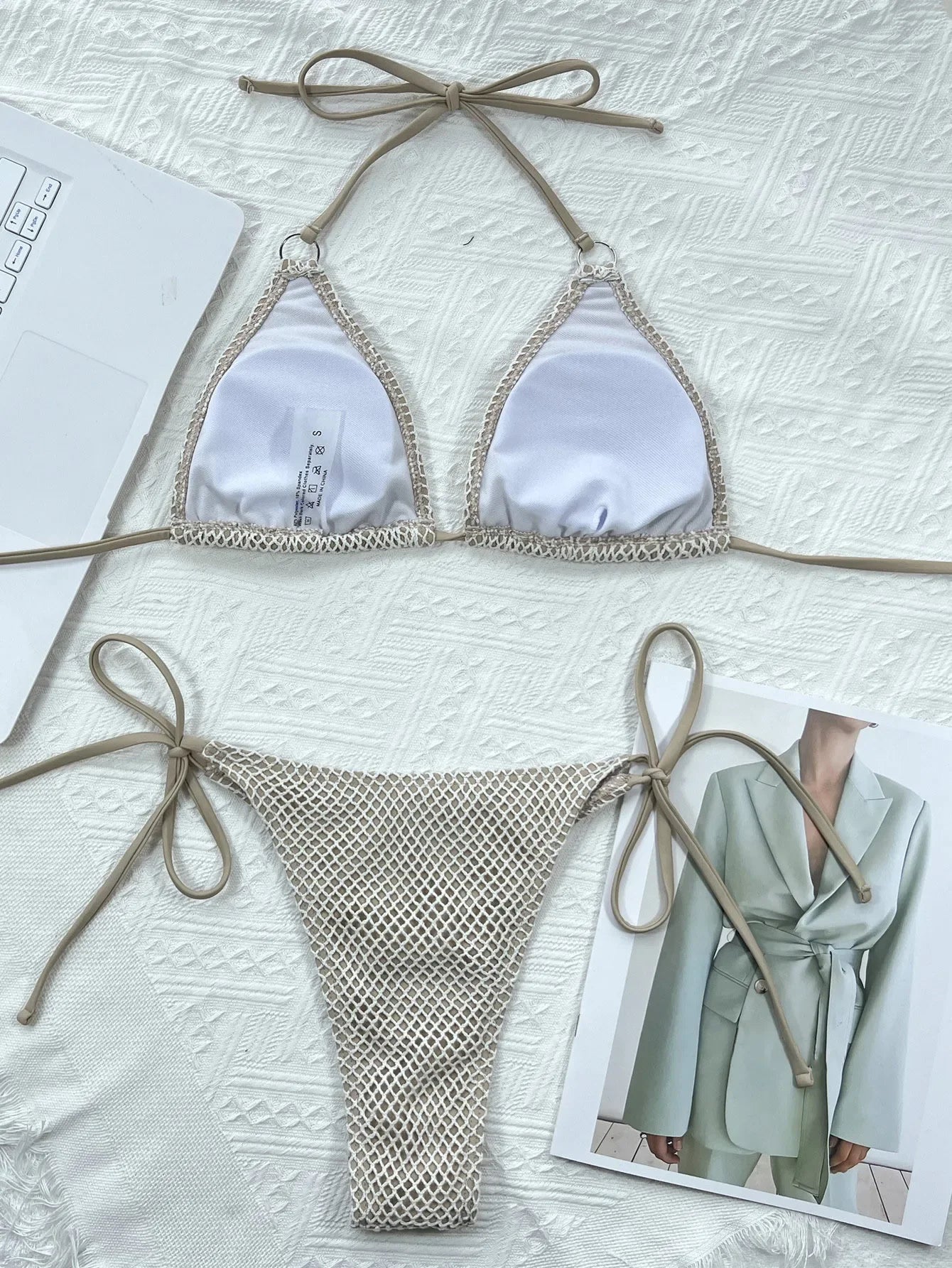 Women Sexy 2 Pieces Suit Knitted Hollow Out Swimsuit Triangle Thong Padded Bikini Halter Lace-Up Swimwear Backless Bathing Suits