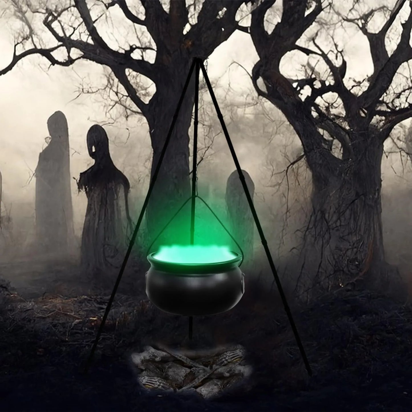 Halloween Large Witch Cauldron On Tripod With Led String Light Halloween Party Decor Outdoor Hocus Pocus Candy Bowl Bucket Home Yard Porch