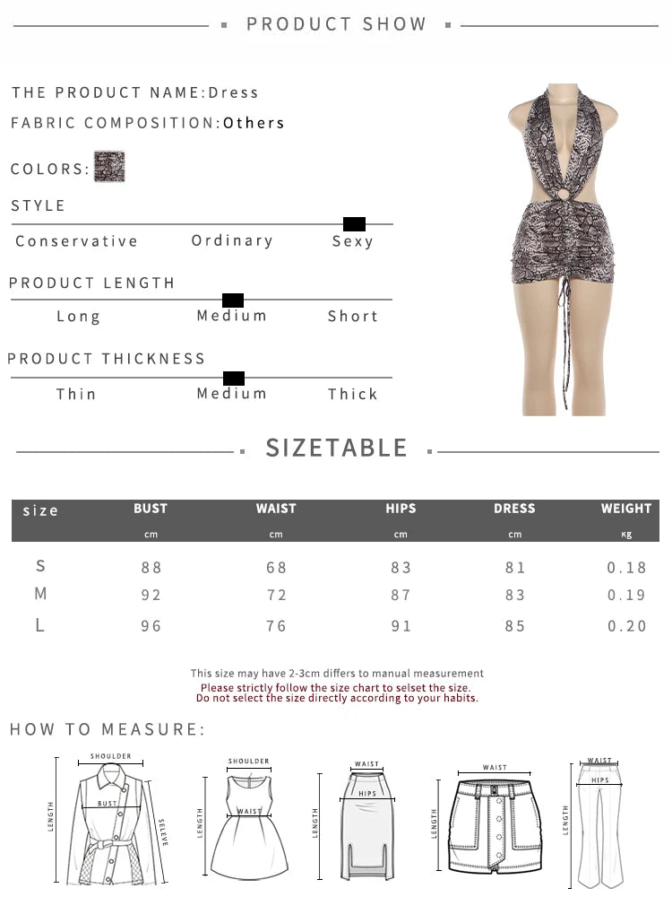 NEW  Deep V-Neck Dress Women Trend Wild Snakeskin Halter Backless Metal Buckle Pleat Ruched Sexy Hottie Party Clubwear Summer Evening Rave Beach Party Suit