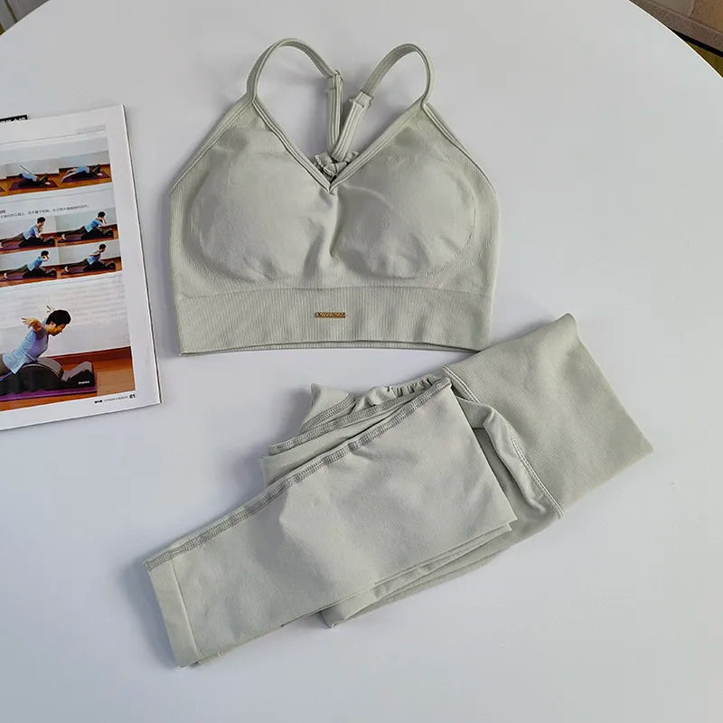 2 PCS Set Seamless Yoga Suit Women Sports Bra High Waist Leggings Gym Outfit Gym Set Fitness Workout Clothes Pilates Wearing Sportswear