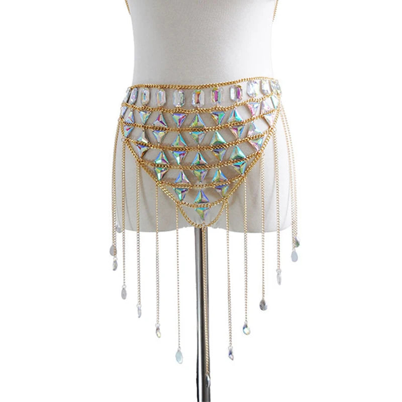 NEW Arrivals 2PCS Set Sexy Crystal Sequin Women Festival Outfits Handmade Patchwork Metal Tassel Chain Crop Top Women's Set