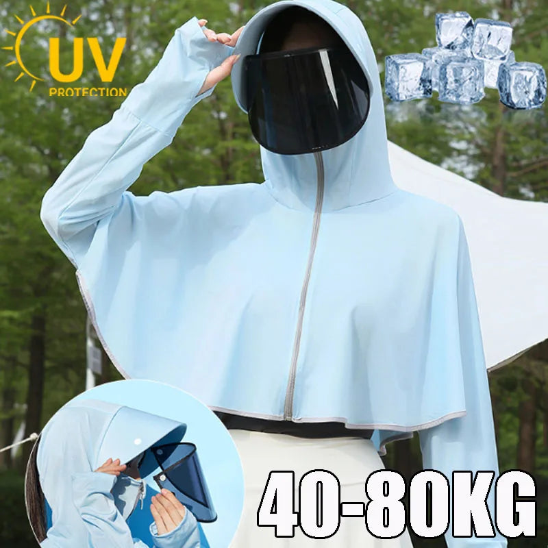 1/2/4 PCS Ice Silk Set 5 Colors Women's UV Protection Cape Hoodie Ice Silk Breathable Sun Shirt Spring Summer Loose Fit Jacket for Outdoor Hiking Sun Protection