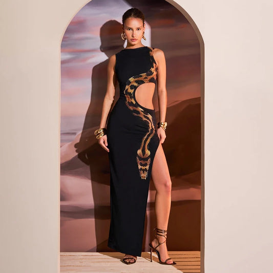 Women  Summer New Snake Print Sexy Slim High Slit Long Dresses Hollow Out Sleeveless Sexy Party Dress Club Cloth