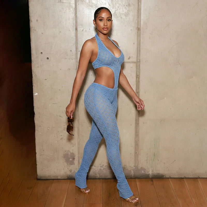 5 Colors Sexy See Through Jumpsuit Mesh Hollow Out Backless Halter Neck Rompers Summer Evening Beach Party Night Clubwear New Arrivals Women Clothes Streetwear Skinny Jumpsuits