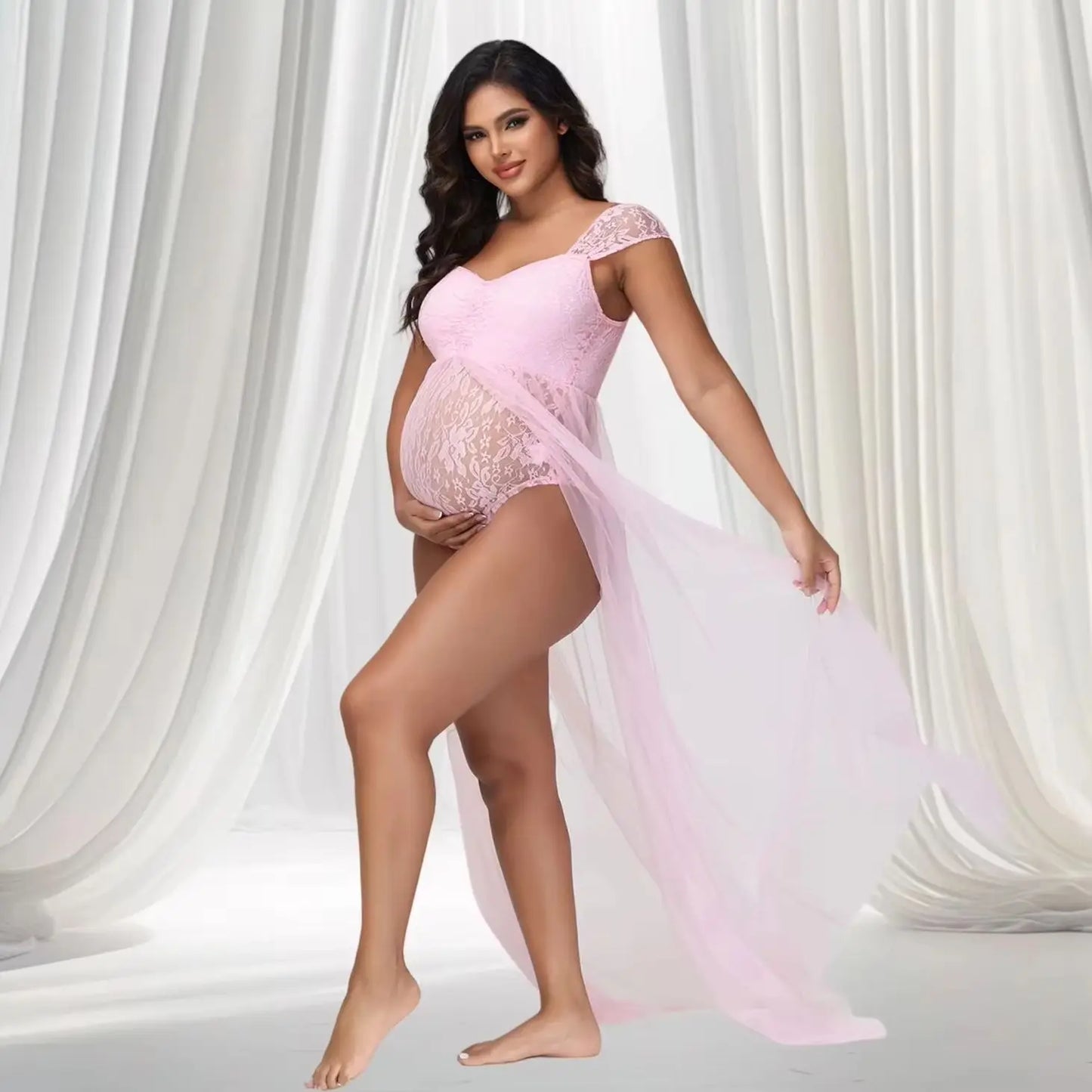 NEW Arrivals Maternity Lace Off-Shoulder Bodysuit for Photoshoot with Tulle Long Sides Slit Tail Women