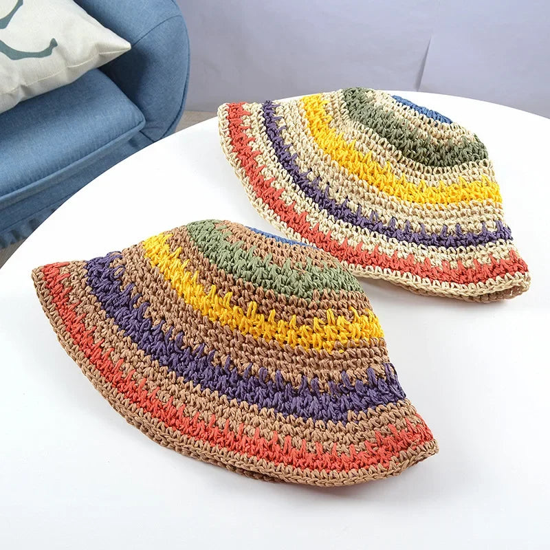 New Korean Style Multicolor Foldable Sun Crochet Hat For Beach, Travel And Vacation handmade straw hat