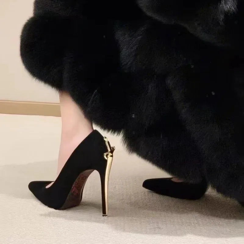 Just Arrived 10cm Early Spring New High Heels Women's Fine Heels Pointed Metal Swords Sexy Queen Black Lacquer Leather Single Evening Party Night Clubwear Prom Shoes
