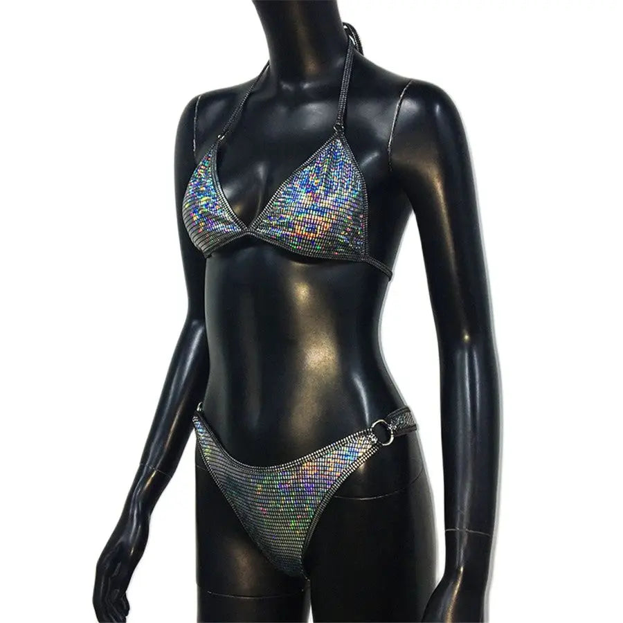 New 2 Pieces Set Swimsuit Women High Waist Swimwear Sexy Lace Up Micro Bikini Set With Skirt Laser Beachwear Bathing Suit