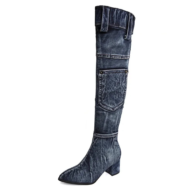 2022 Sexy Jean Boots Women's Knee-High Boot Zipper 6CM High Heel Woman Stylish Jeans Boots Ladies Denim Boot Female Shoes Cowboy
