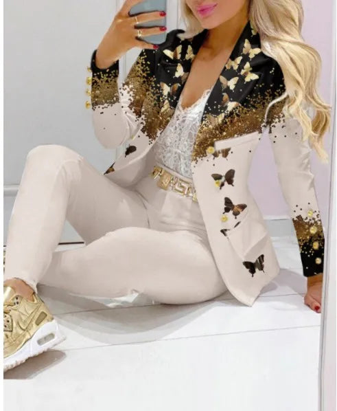 NEW Arrivals 2PCS Set S=2XL 11 Patterns/Colors Luxury Italian Suit Coat + Pants Set Evening Business Office Lady Fashion Elegant Long Sleeve Top Trousers Formal Outfit  Ladies Luxury Fashion Clothing Supplies