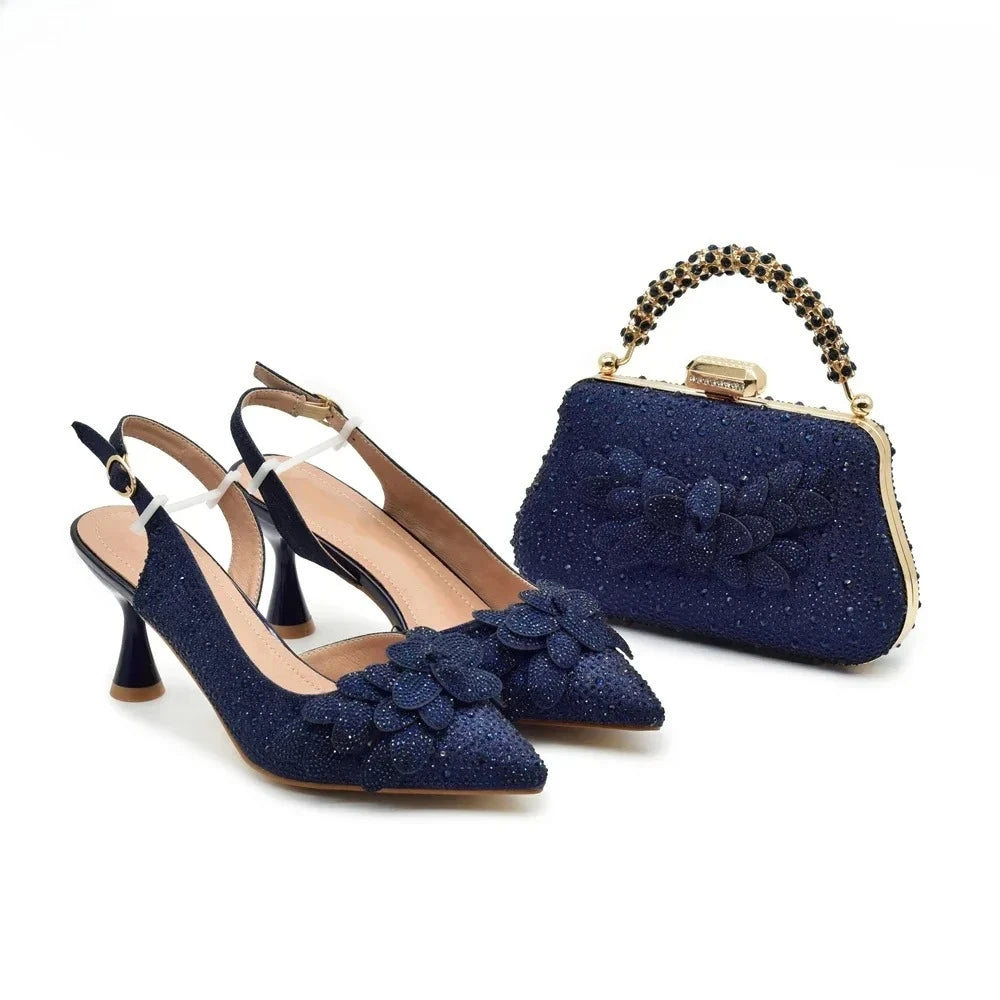 New Arrival 5 Colors Italian Women Heel Party Luxury Wedding Guest Handmade Matching Shoes and Bag Set Rhinestones Handbag Italian Design Luxury Wedding Shoes for Bride Evening Party Shoes